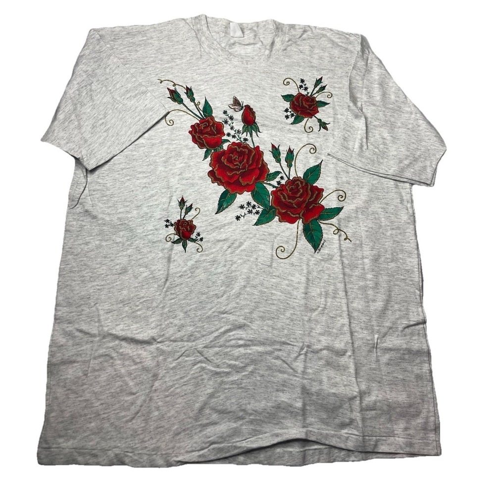 Vtg Flower Shirt Size XL Grey‎ Short Sleeve Single Stitch Roses Floral 90s